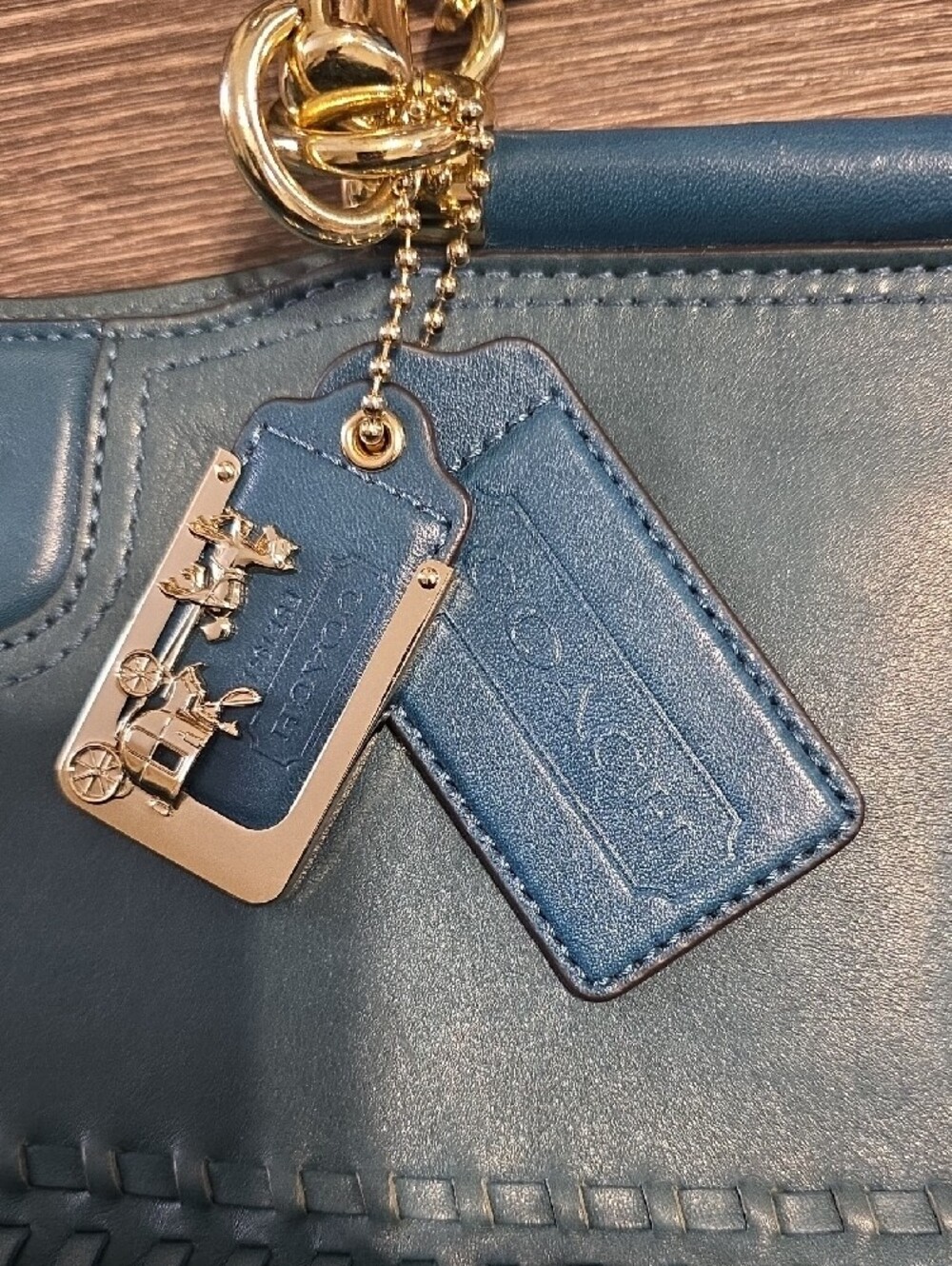 Coach Teal Woven Leather Tote with Gold Hardware - Picture 5 of 13